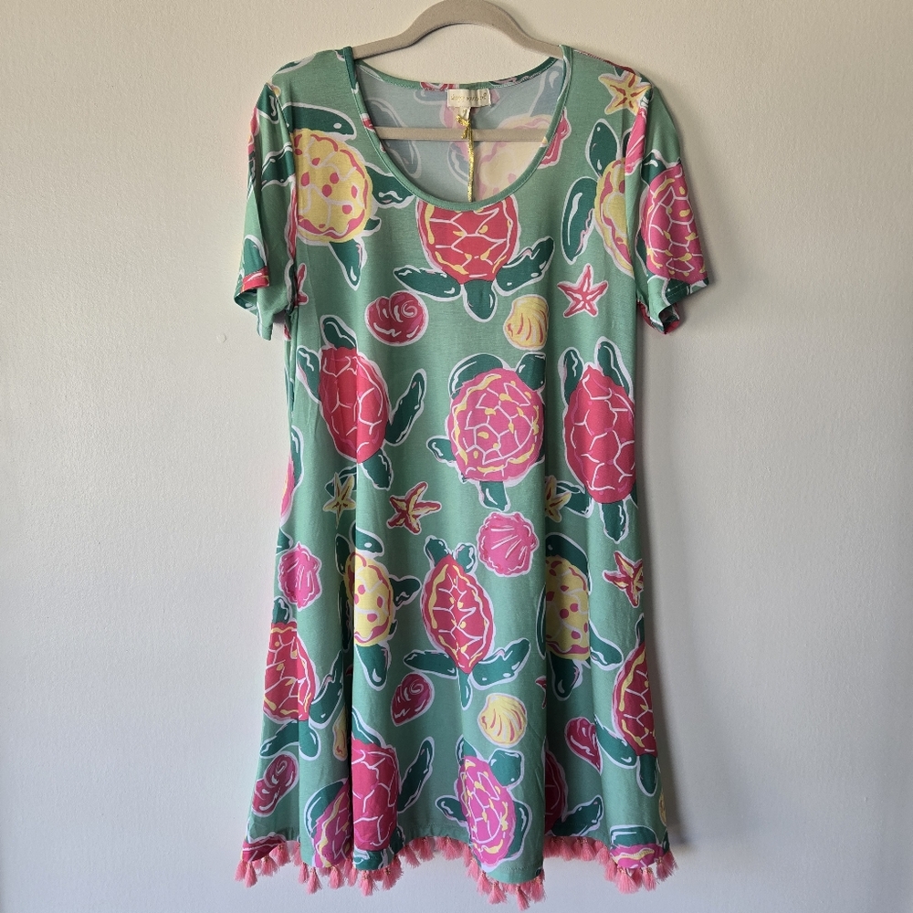 NEW Simply Southern Topsail Turtle Print Tassle Trim Stretch Tunic Dress Medium